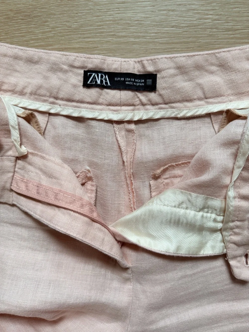 ZARA 100% Linen Straight Leg Pants Beige Pink High Waist S–XS - Picture 7 of 8